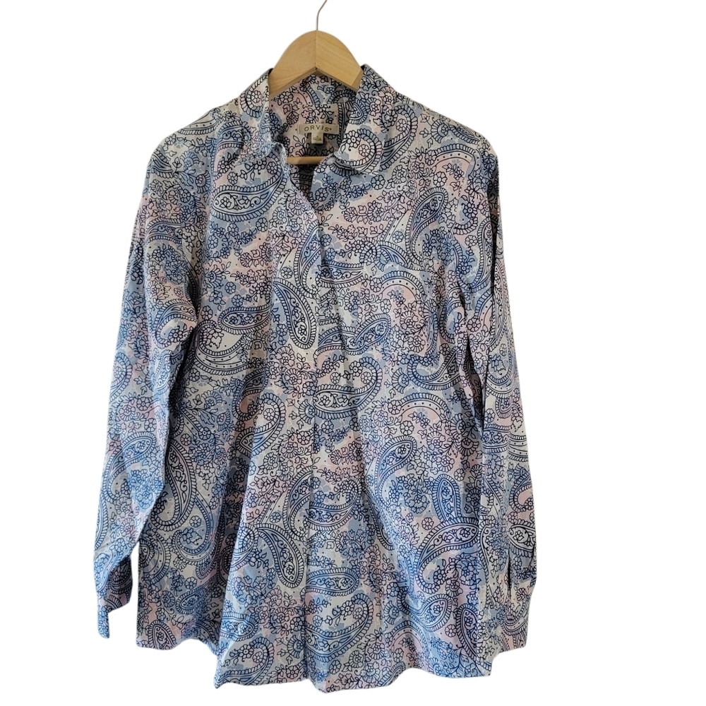 Orvis Womens Purple Floral Button-Up Shirt Sz 14 LS Pocket Minimalist Officecore